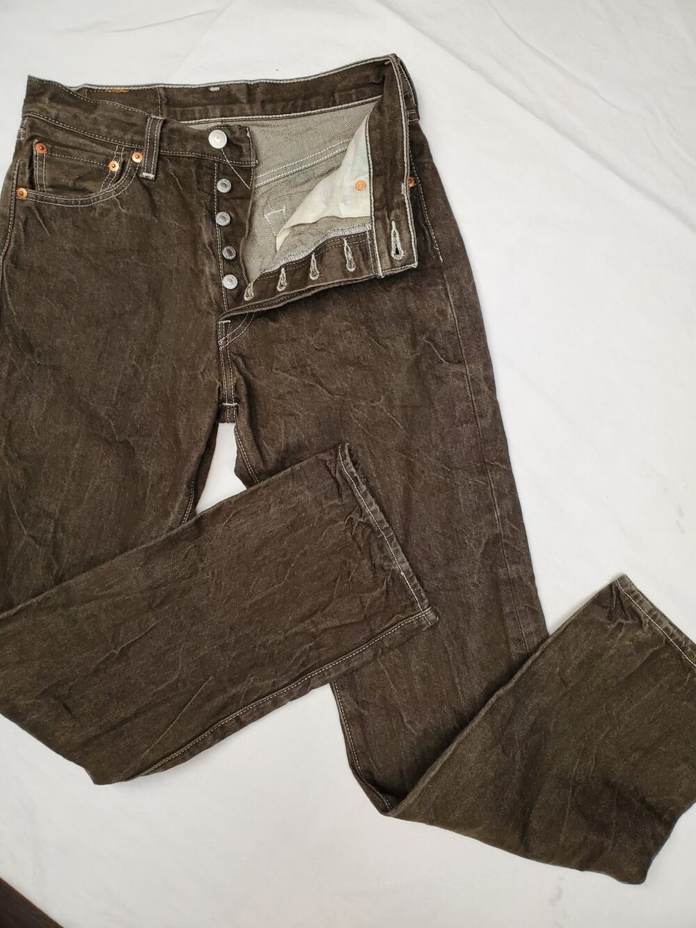 Levi's 501 Jeans W30 L32 Faded Brown Olive Wash Straight Button Fly USA